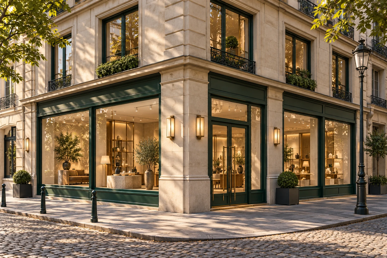 Façade de boutique en pierre claire et vitrines vert bouteille